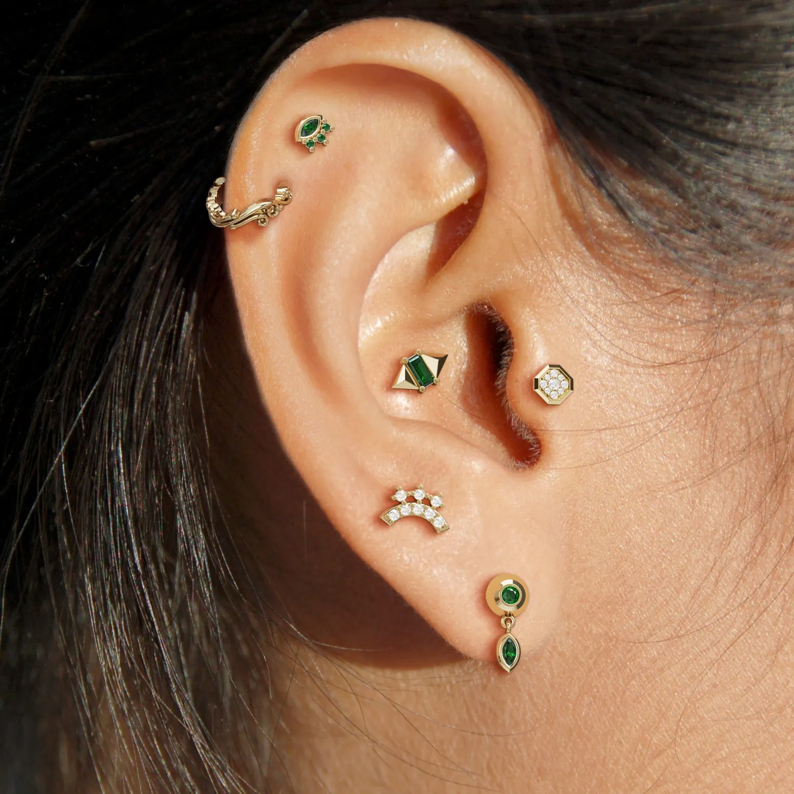 14K Gold Marquise Round Emerald Stud