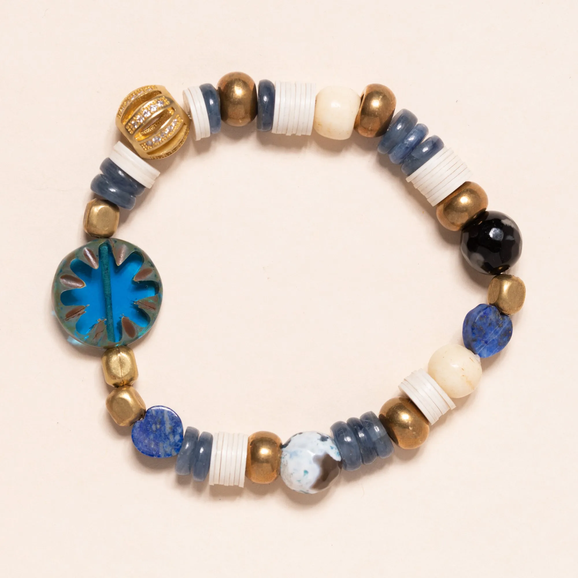 African Vinyl, Brass, Brass with Crystal, Lapis, Kyanite, Czech Glass Bloom Bracelet