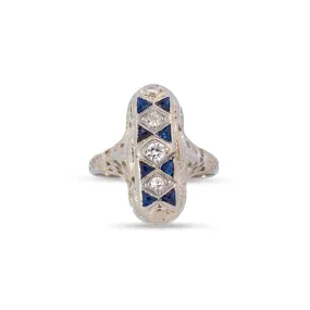 Antique 14K White Gold Sapphire & Diamond Art Deco Filigree Women's Cocktail Ring