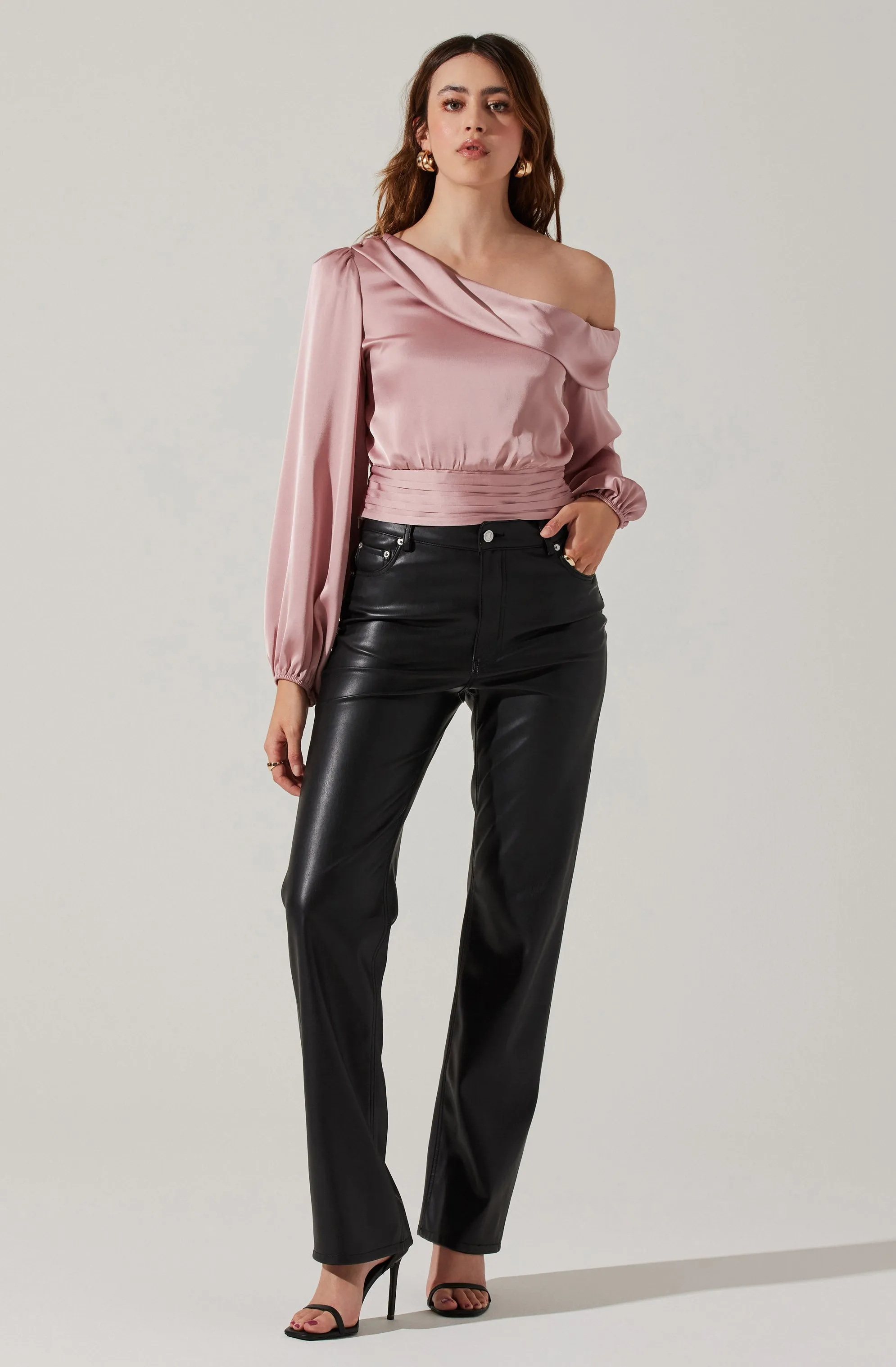 Asymmetrical Cinched Waist Long Sleeve Top