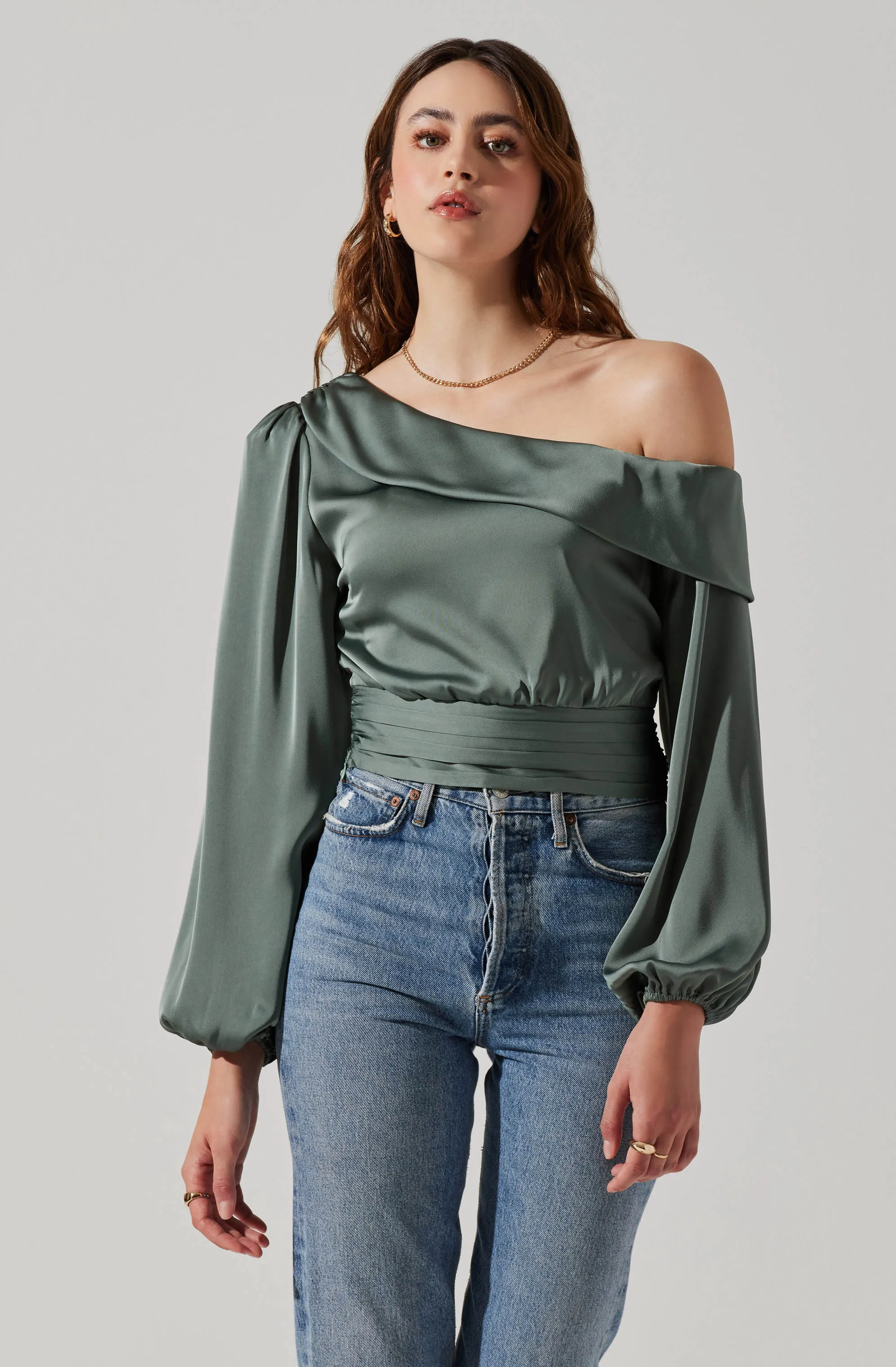 Asymmetrical Cinched Waist Long Sleeve Top