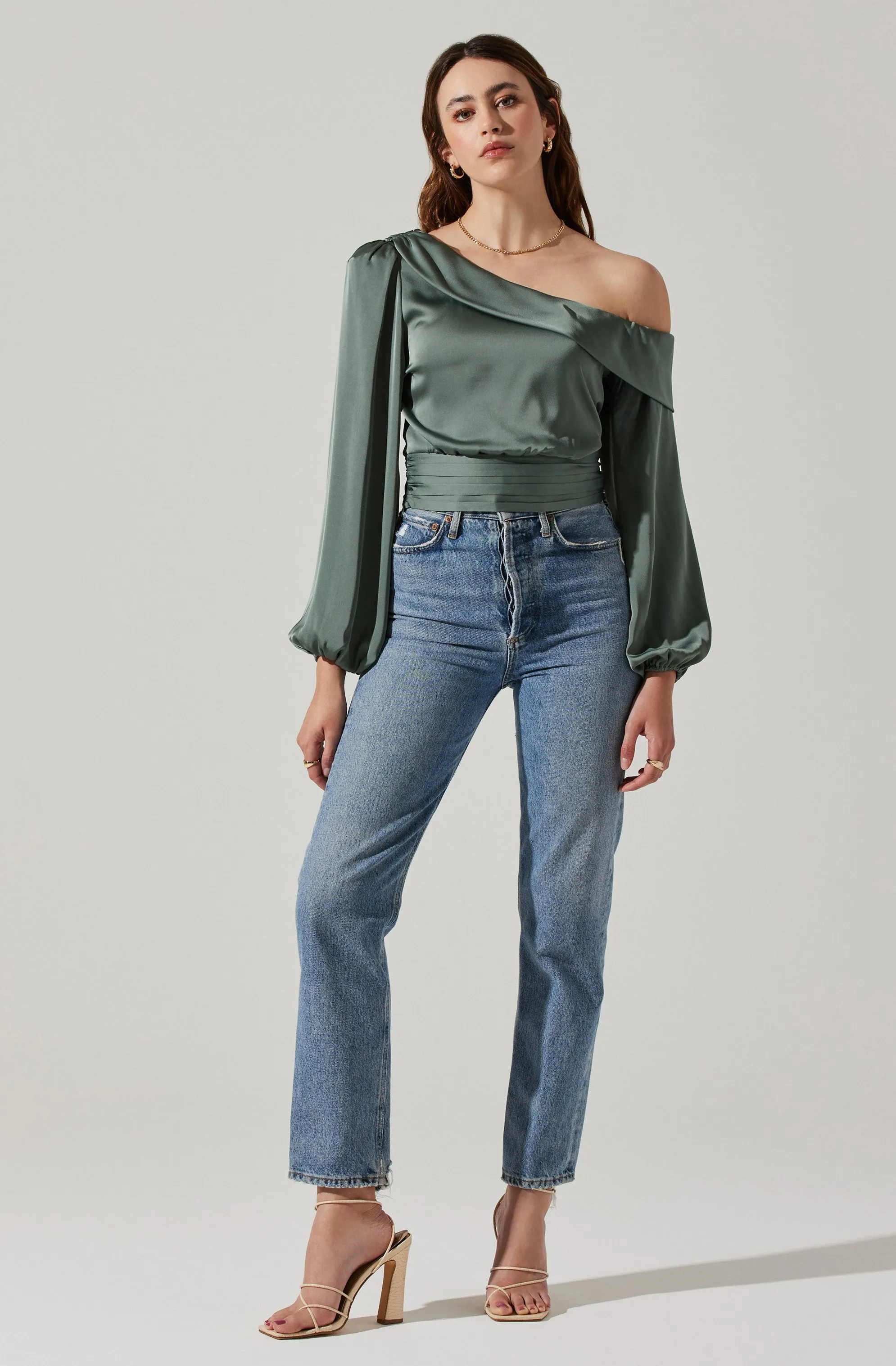 Asymmetrical Cinched Waist Long Sleeve Top