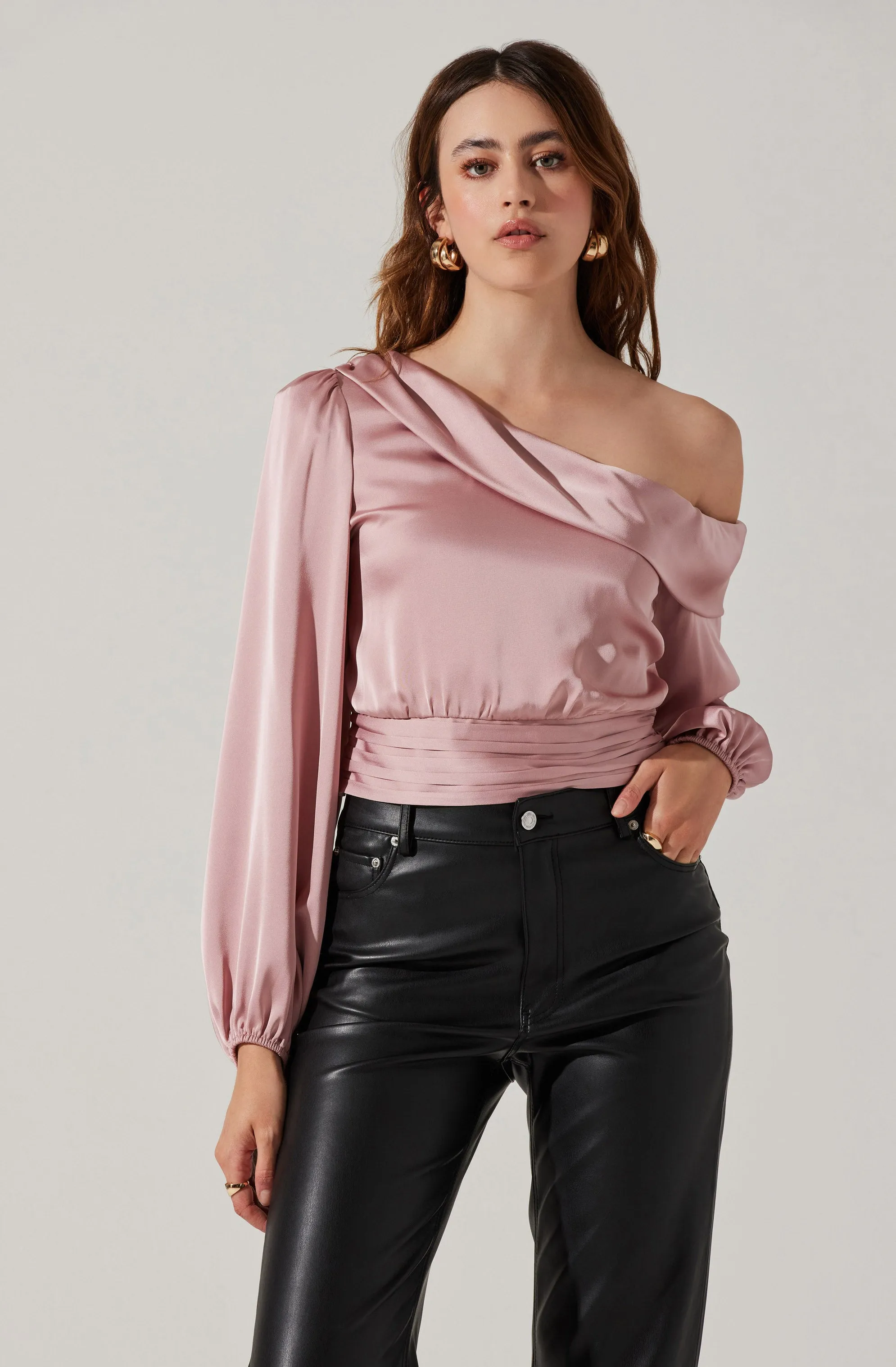 Asymmetrical Cinched Waist Long Sleeve Top