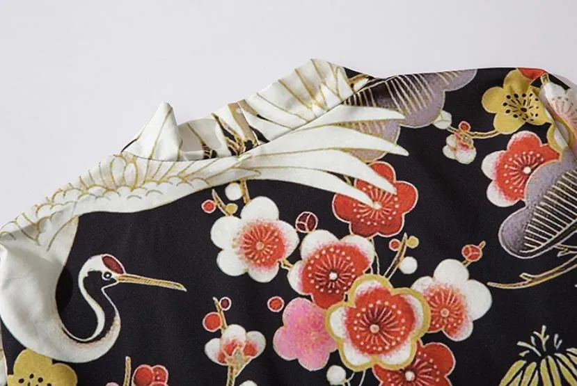 Black Floral Crane Kimono Shirt | Anime Kimono