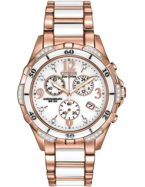 Citizen Ladies Eco-Drive Ceramic & Rose Tone Chronograph - 32 Diamonds - Date