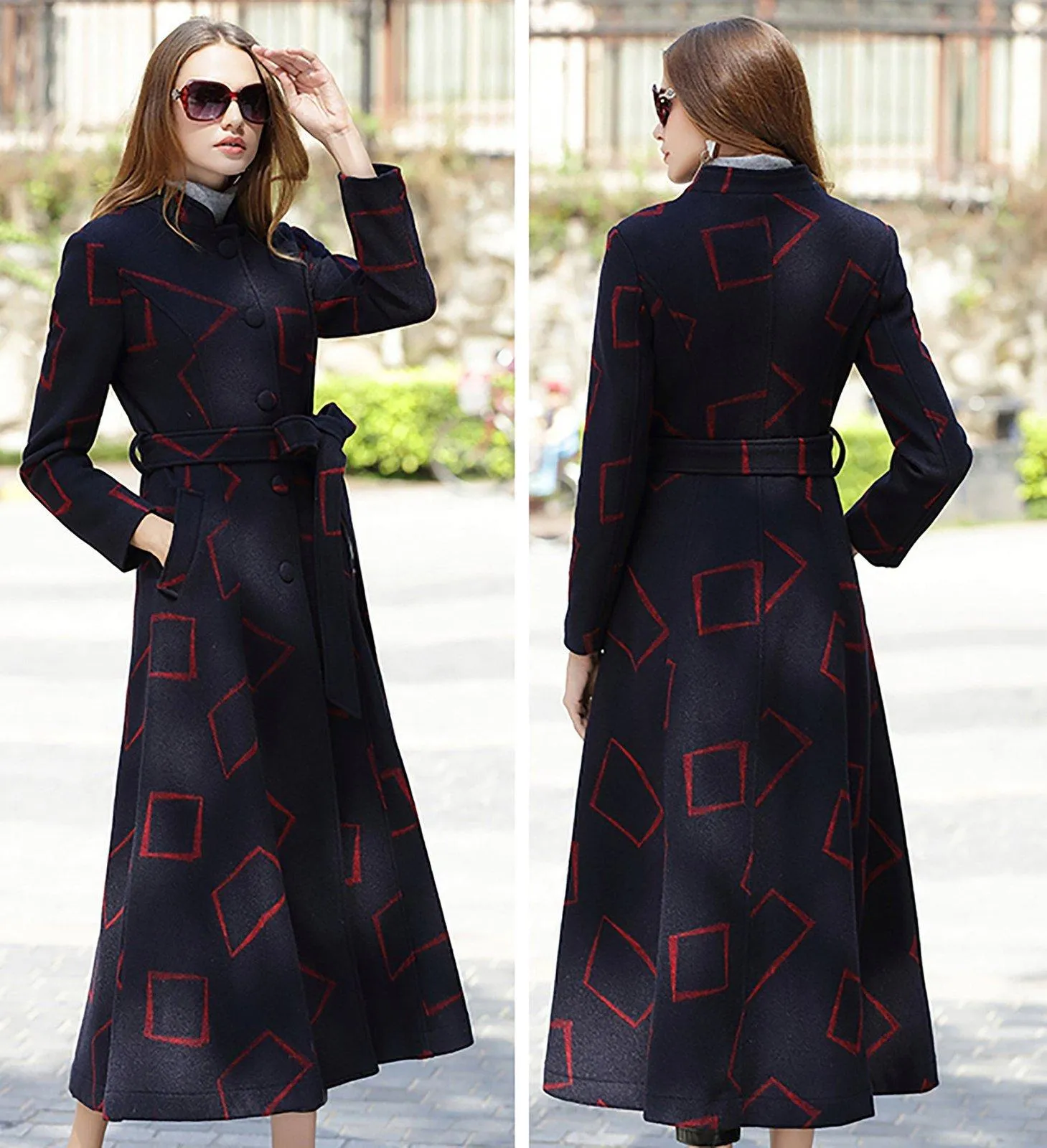 Custom Wool Blend Geo Print Stand Collar Fit & Flare Coat