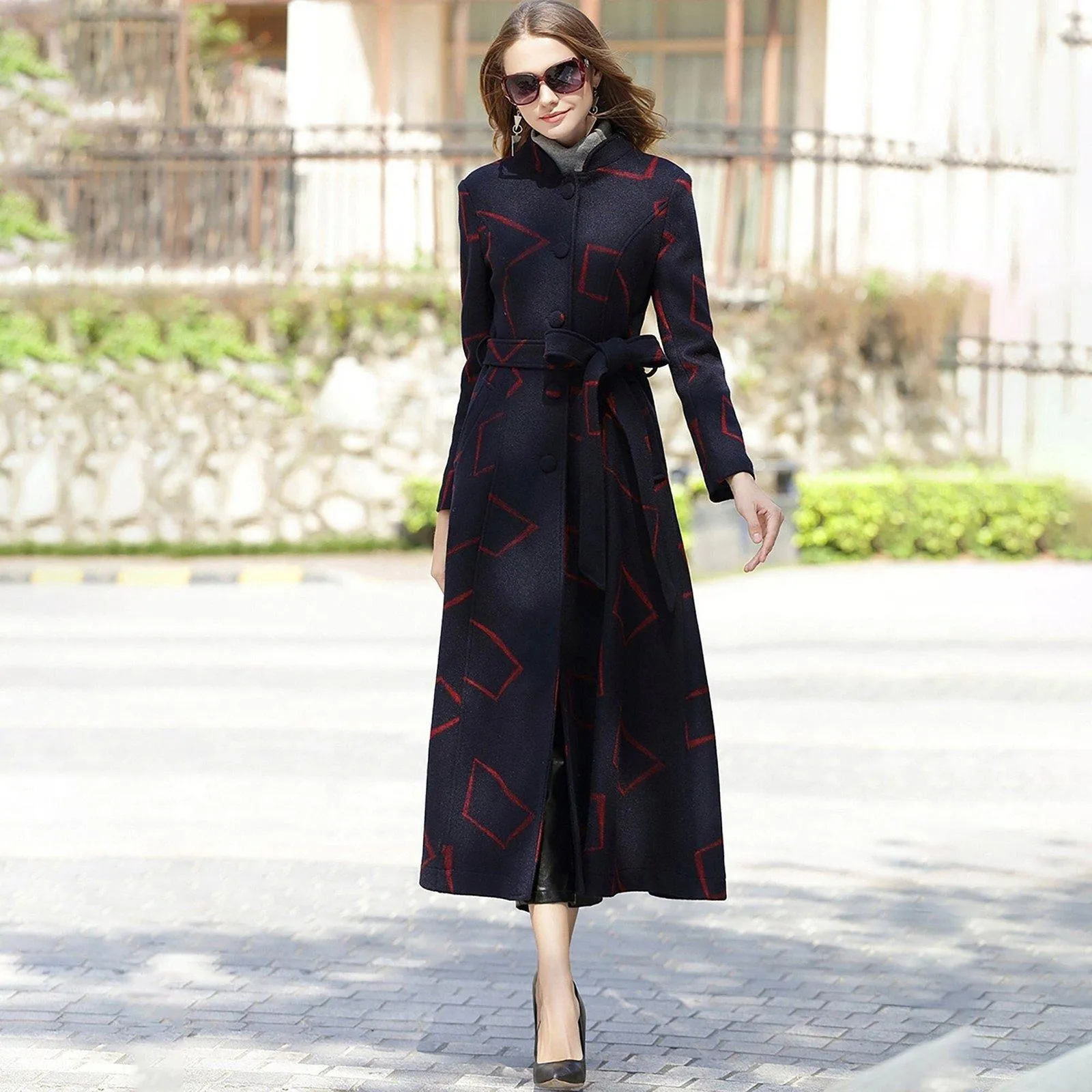 Custom Wool Blend Geo Print Stand Collar Fit & Flare Coat