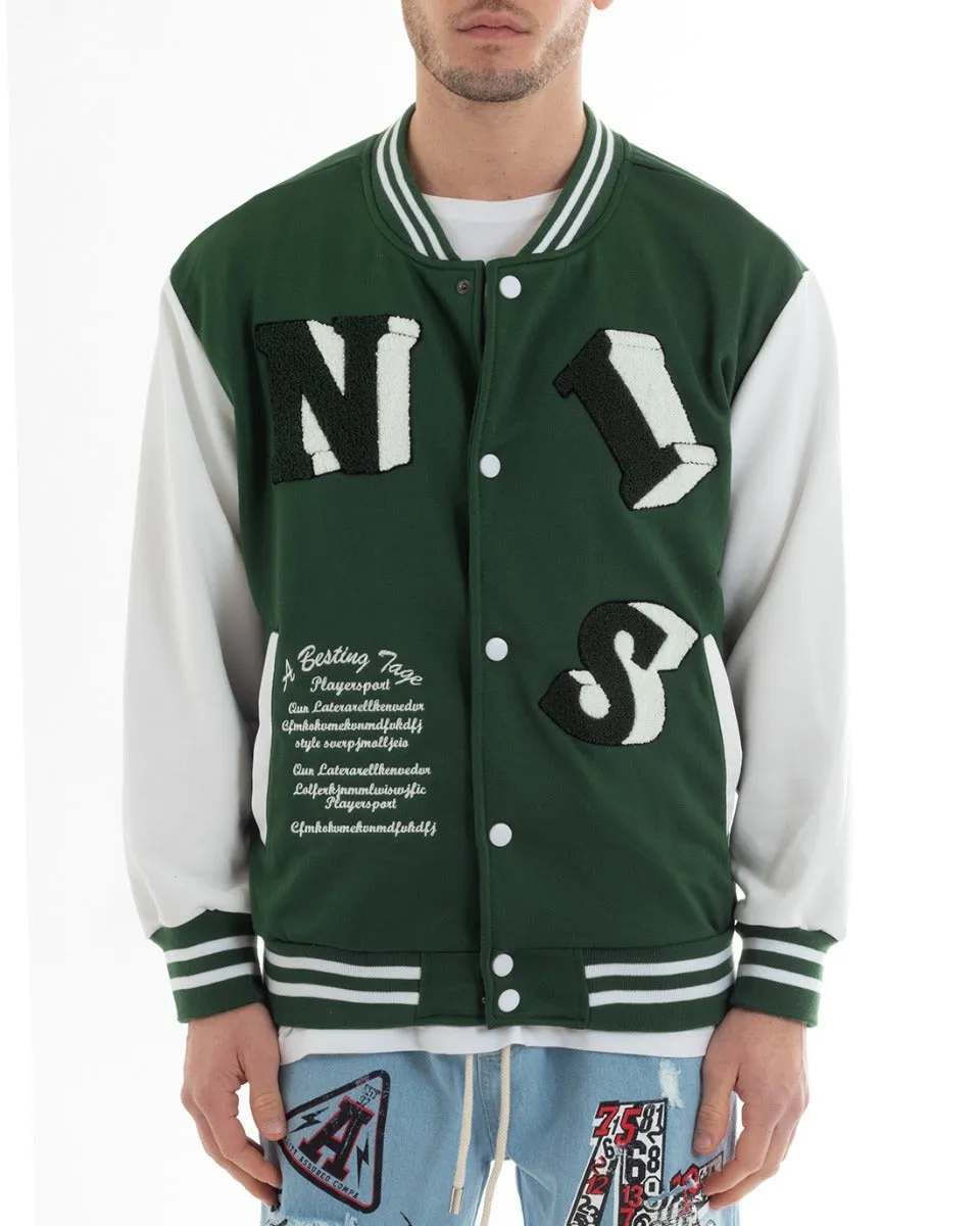 Felpa Uomo Giubbotto College Varsity Stampa Con Patch Bicolore Verde GIOSAL-F2975A