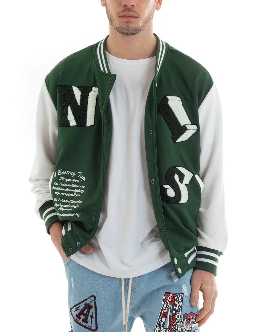 Felpa Uomo Giubbotto College Varsity Stampa Con Patch Bicolore Verde GIOSAL-F2975A