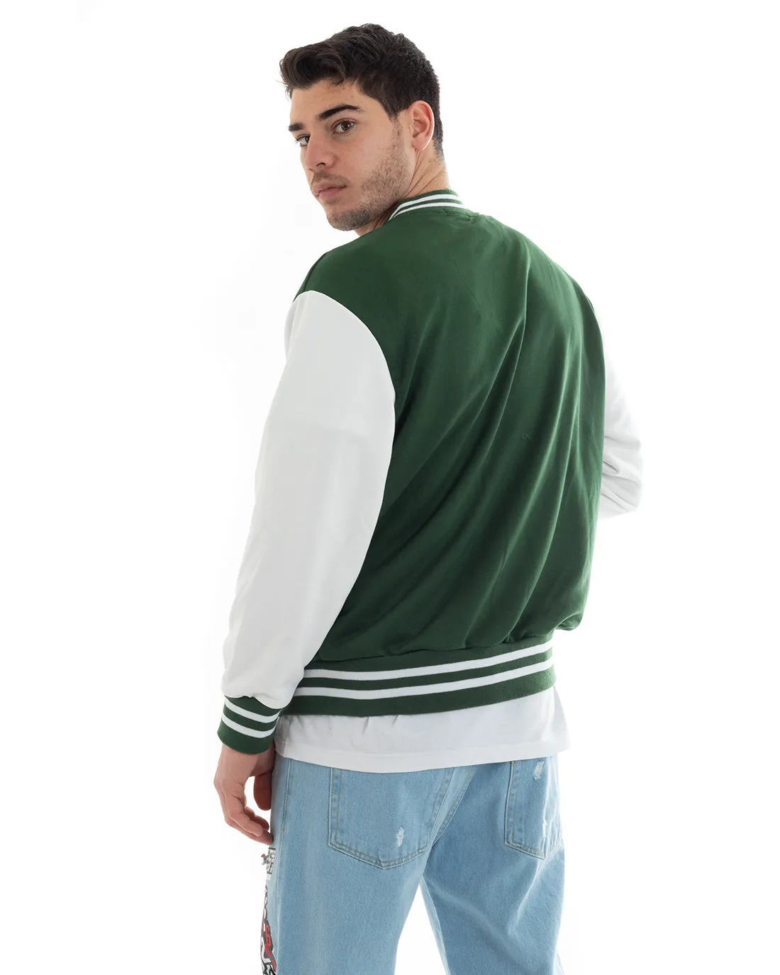 Felpa Uomo Giubbotto College Varsity Stampa Con Patch Bicolore Verde GIOSAL-F2975A