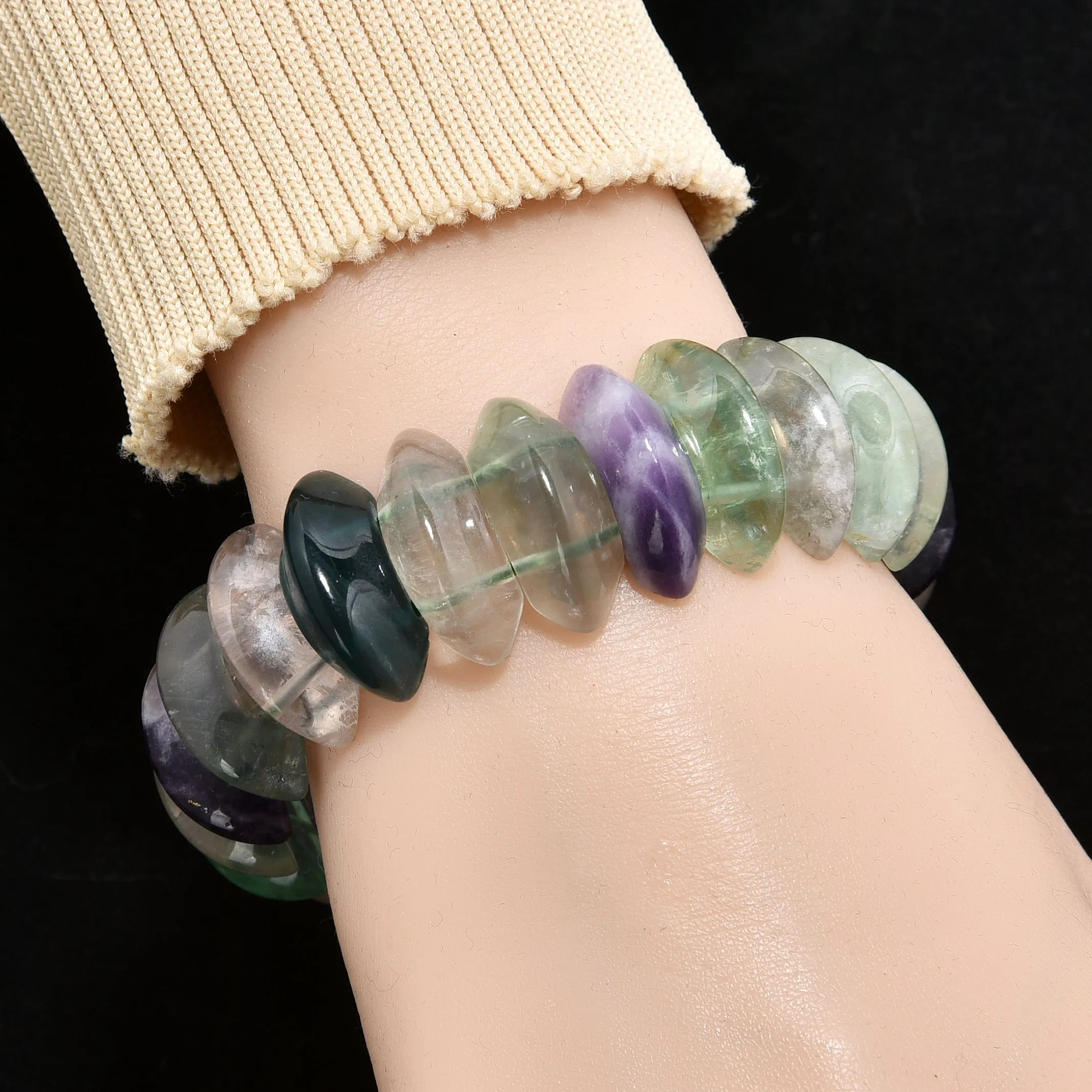 Fluorite 20mm Diamond Cut Gemstone Elastic Bracelet