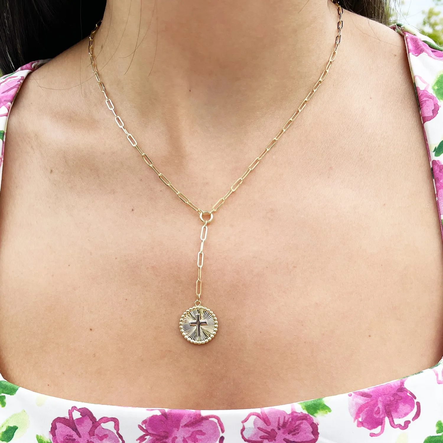 Gold Cross Lariat Paperclip Necklace