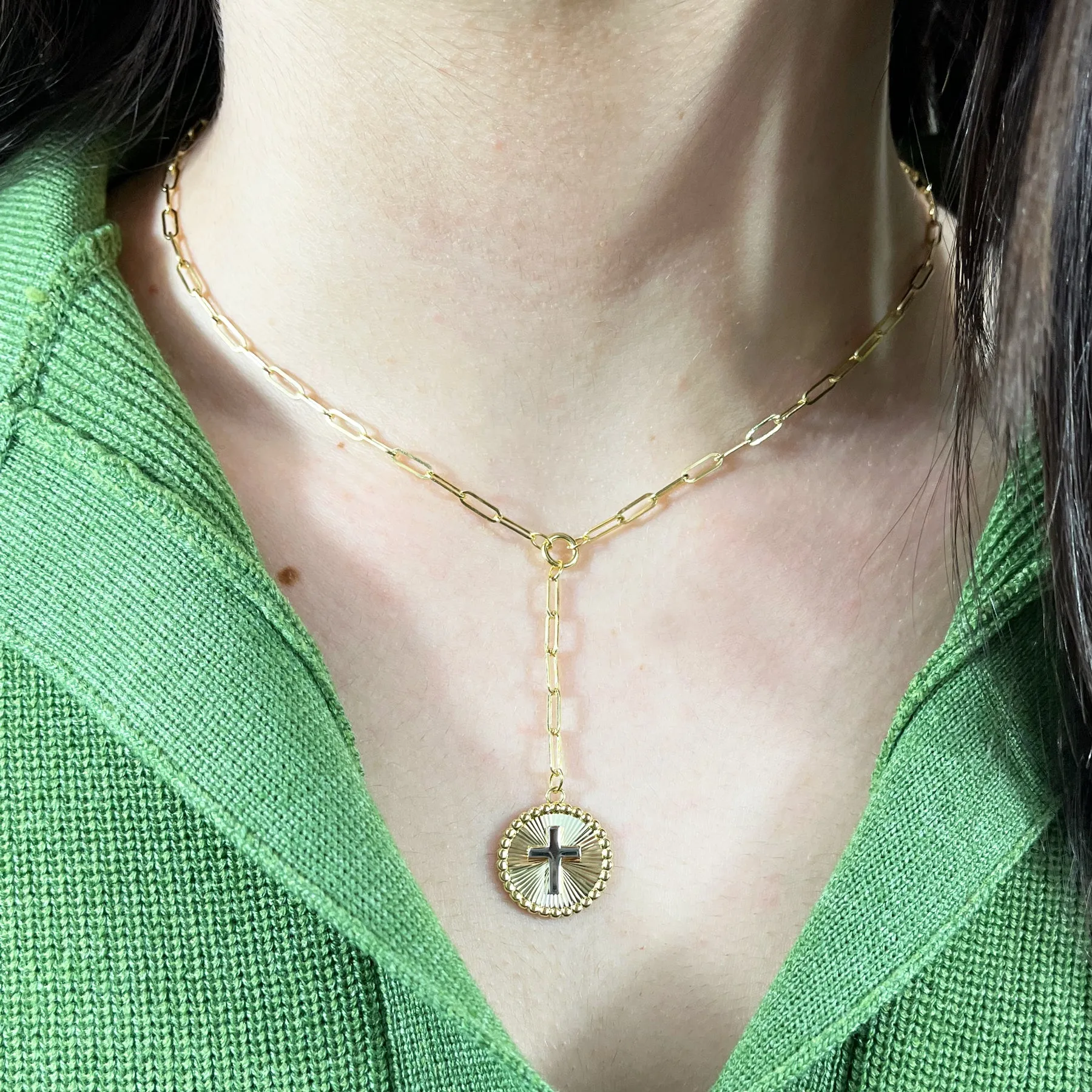 Gold Cross Lariat Paperclip Necklace