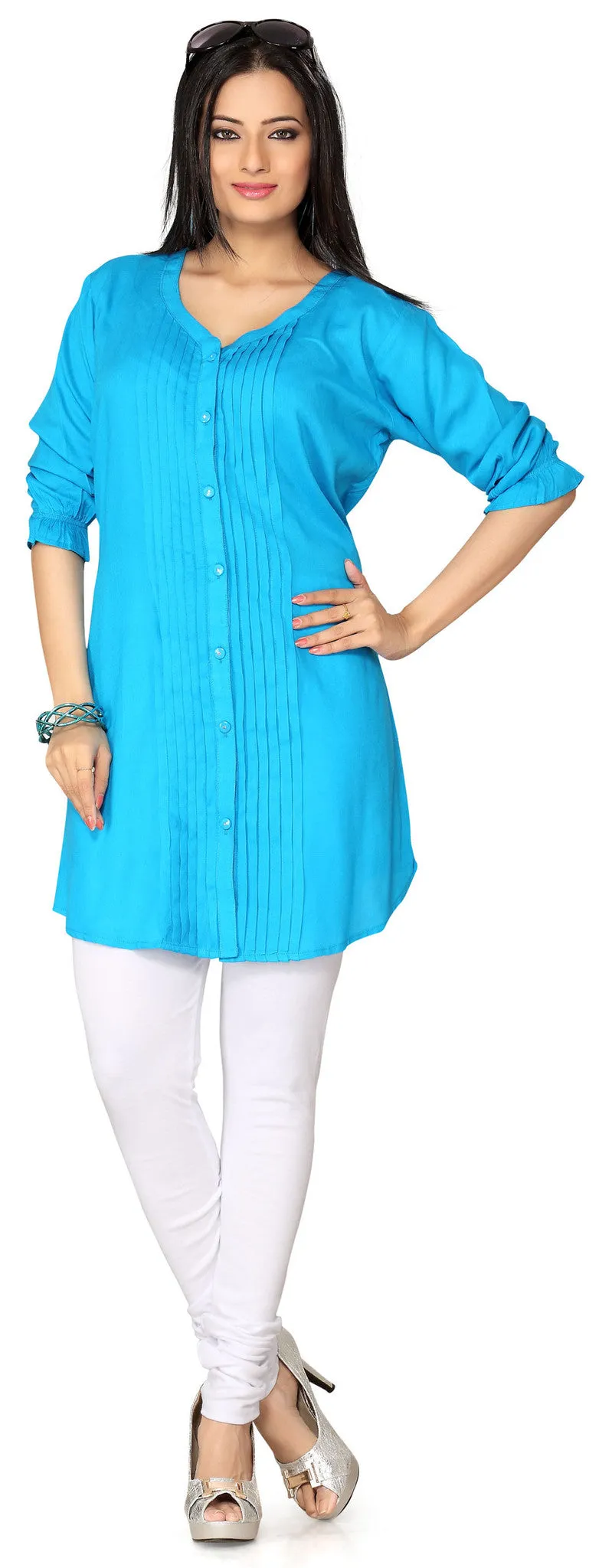 India Long Tunic Top Kurti Womens Rayon Indian Apparel (Blue)