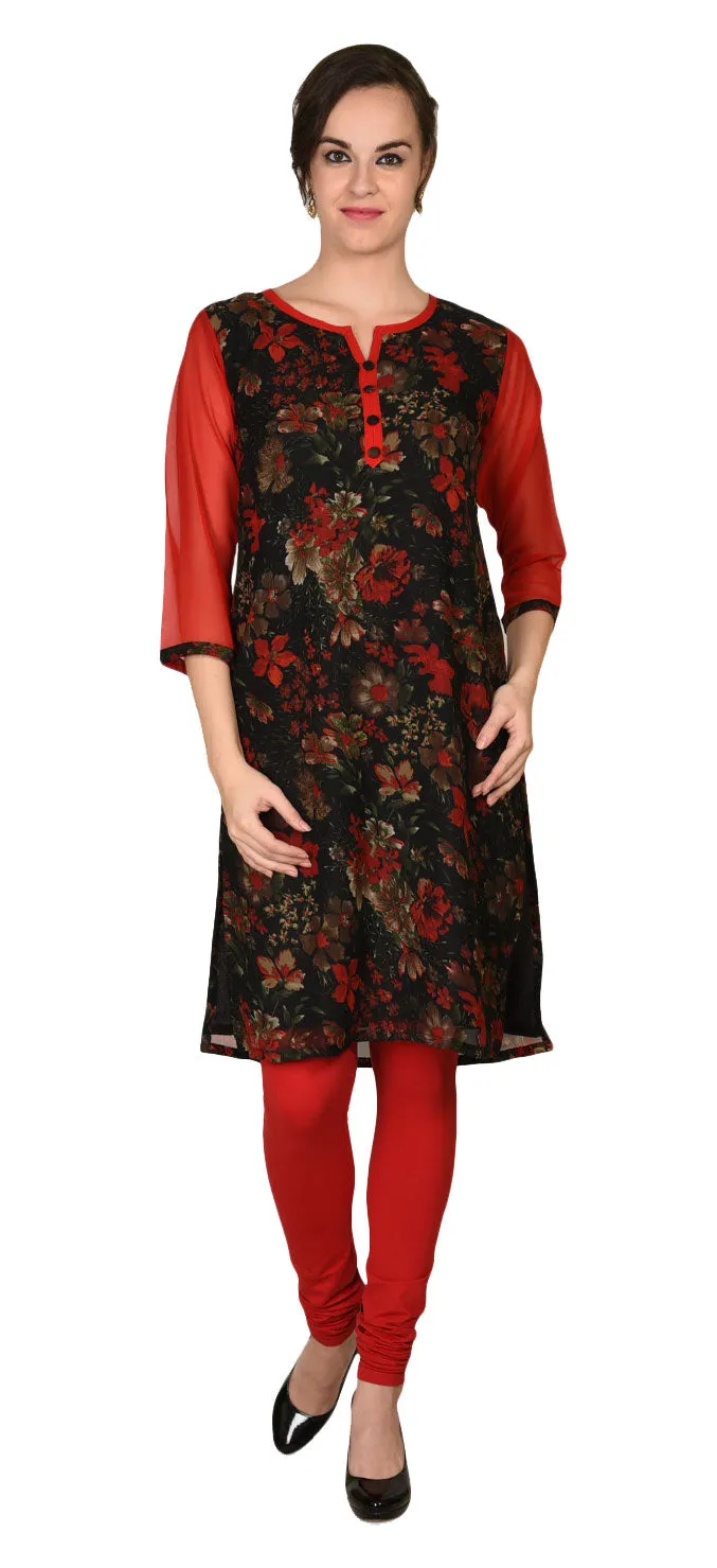 India Tunic Top Long Kurti Georgette Womens Printed Indian Clothing (Red)