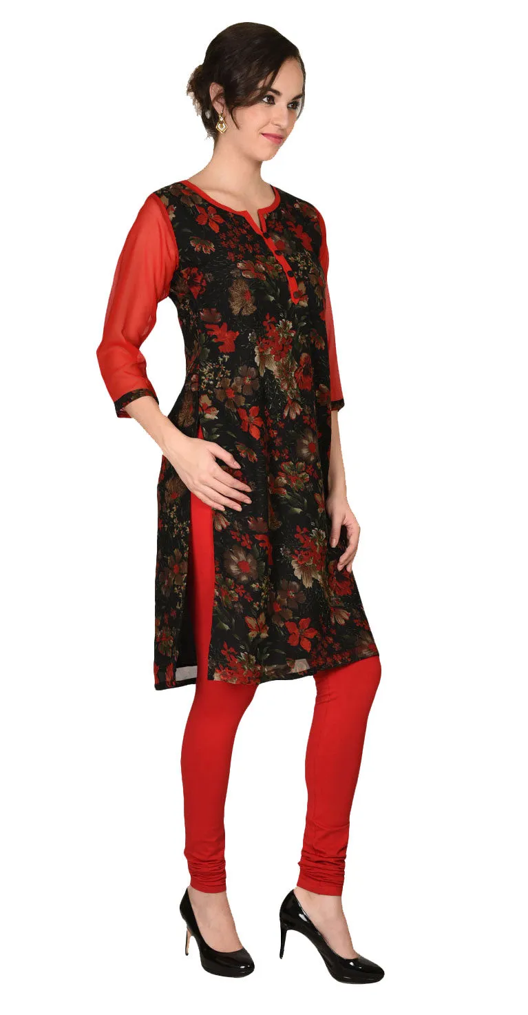 India Tunic Top Long Kurti Georgette Womens Printed Indian Clothing (Red)