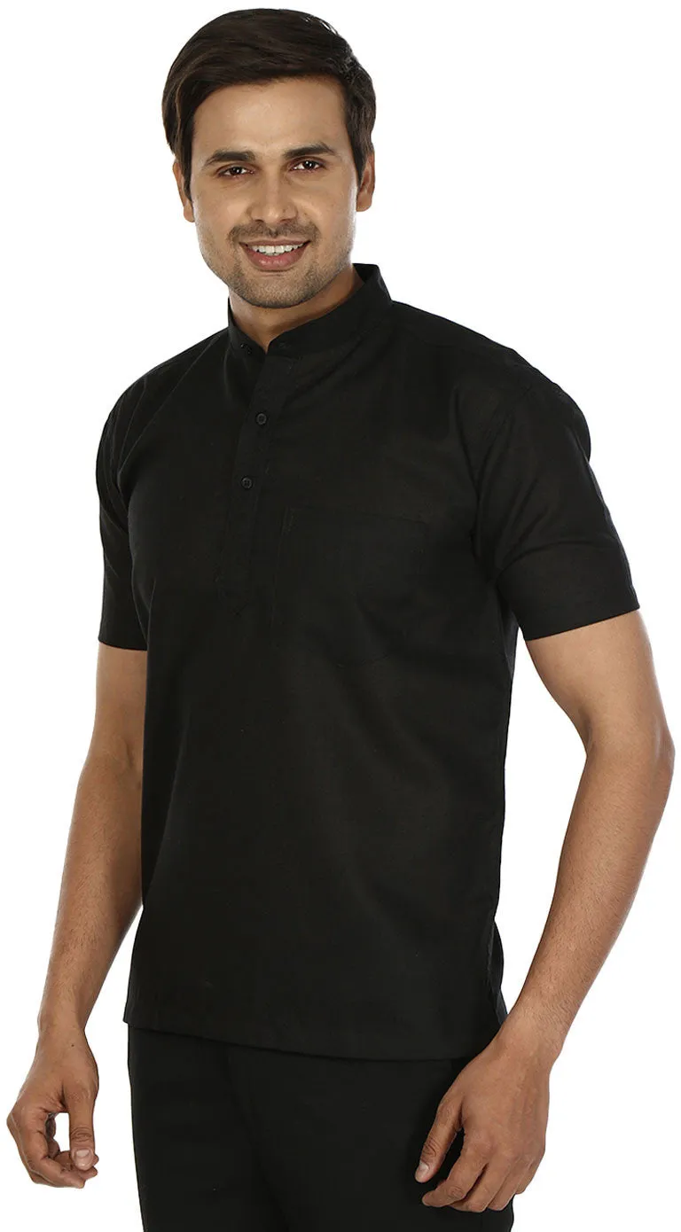 Indian Clothing Fashion Mens Short Sleeve Kurta Cotton (Black)