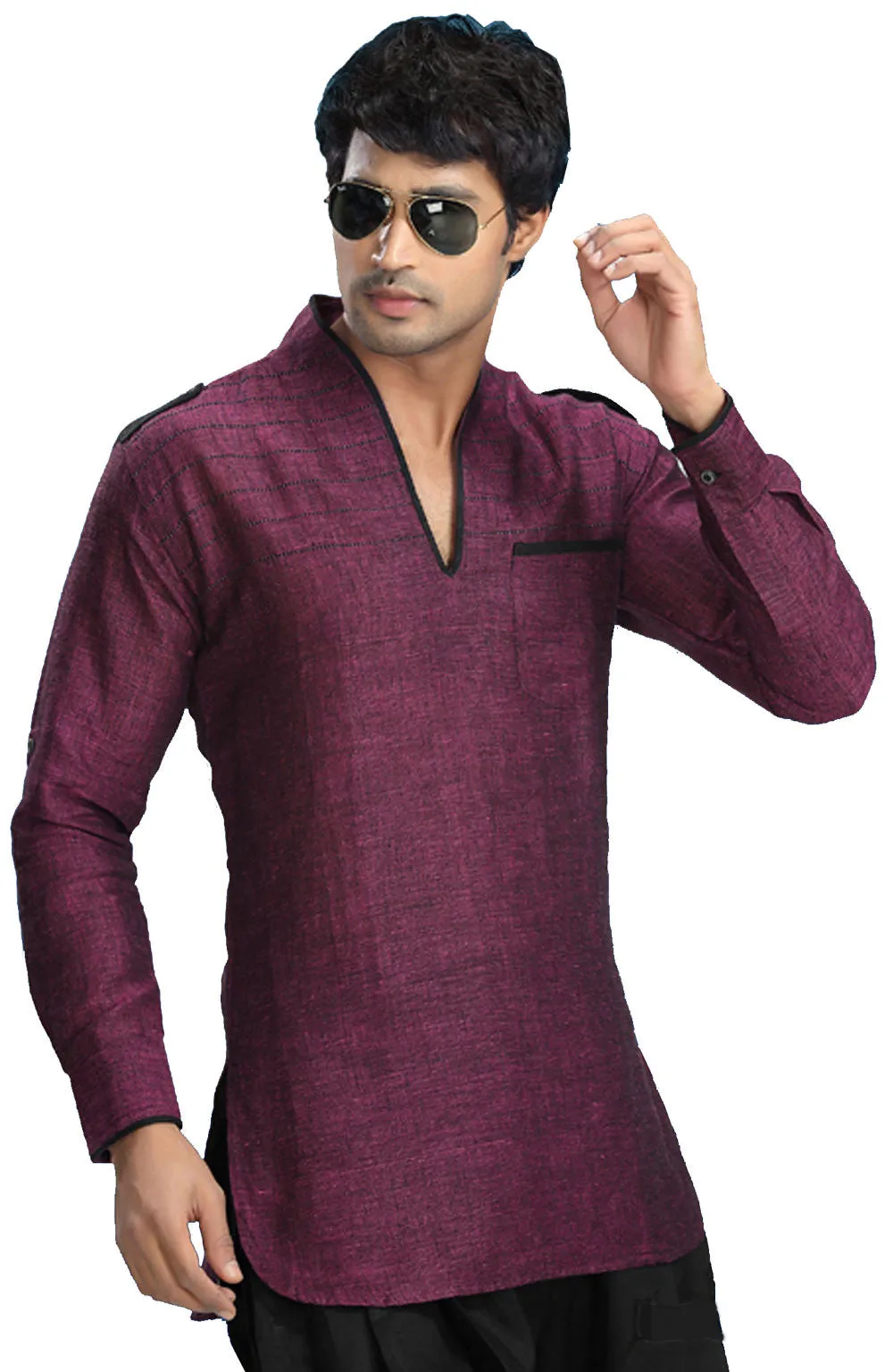 Indian Clothing Fashion Shirt Men's Short Kurta Linen Cotton (Magenta)