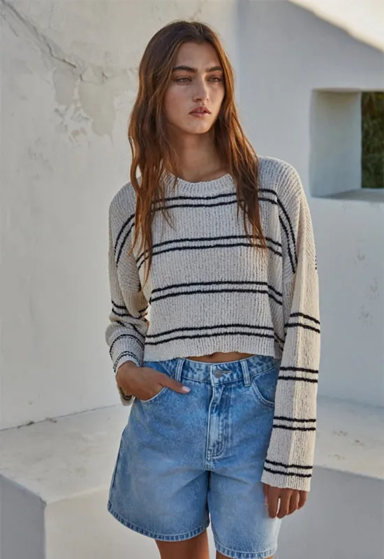 Knit Double Stripe Long Sleeve Top - Cream Black