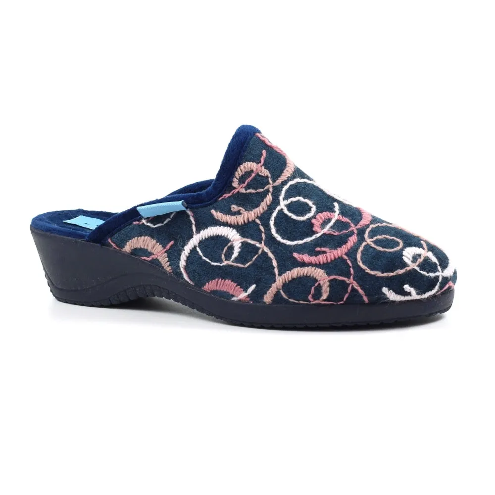 Ladies Bedroom Slippers Mule Wedge Heel Slip On Erin II Navy