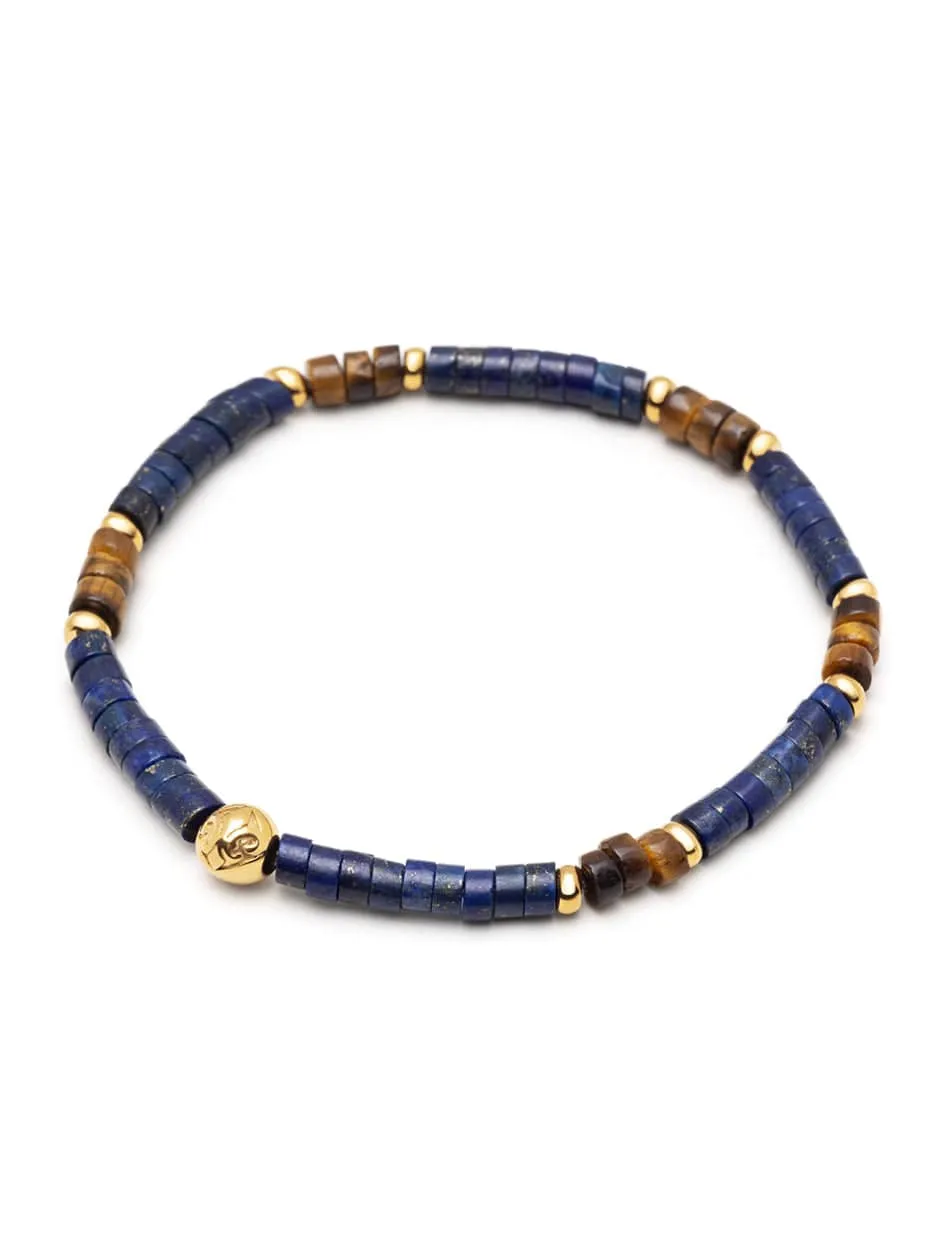 Men's Wristband with Blue Lapis and Brown Tiger Eye Heishi Beads and Gold