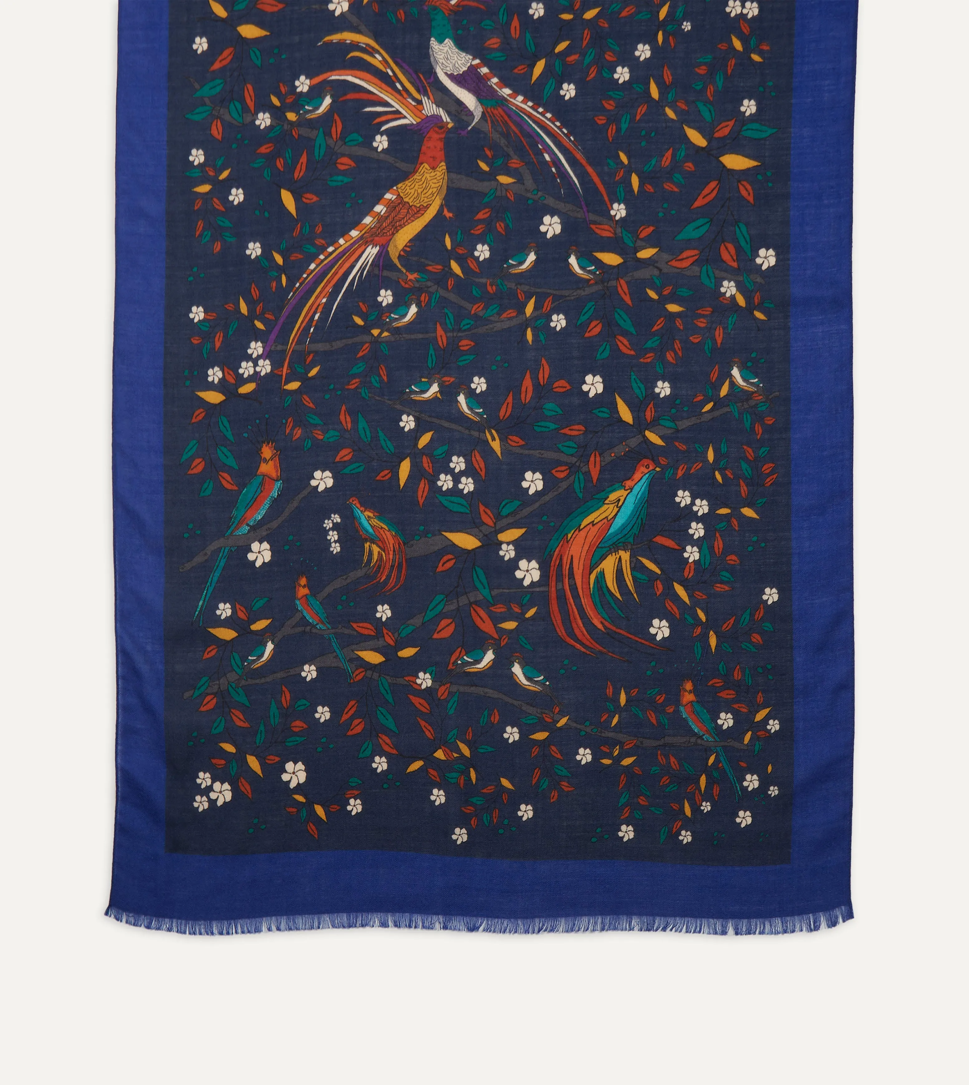 Navy Birds of Paradise Print Wool Scarf