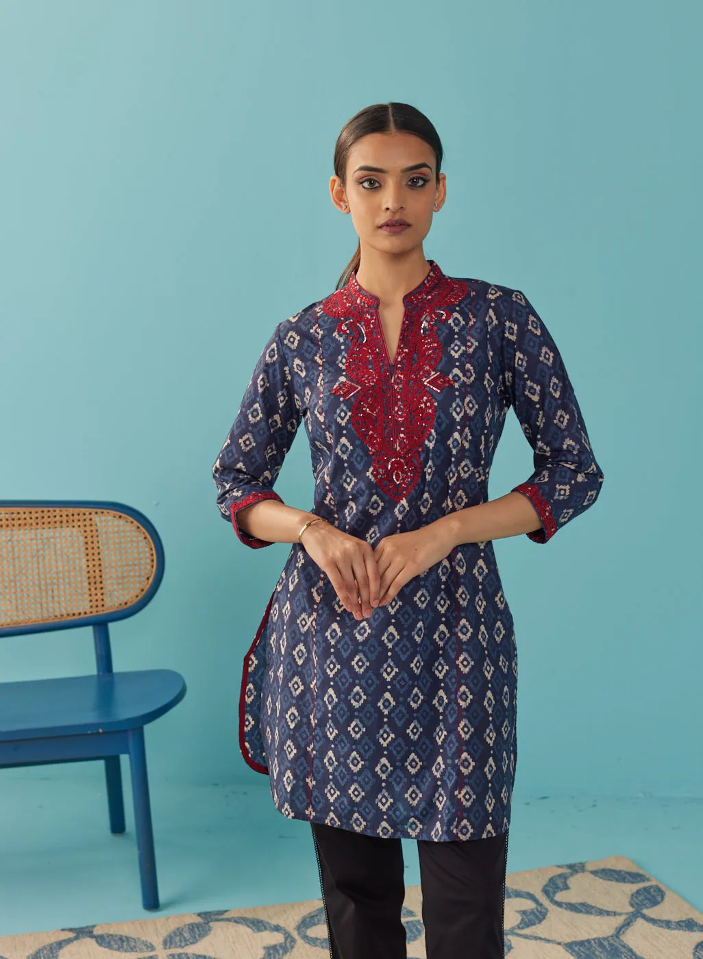 Navy Blue Embroidered Straight Kurta