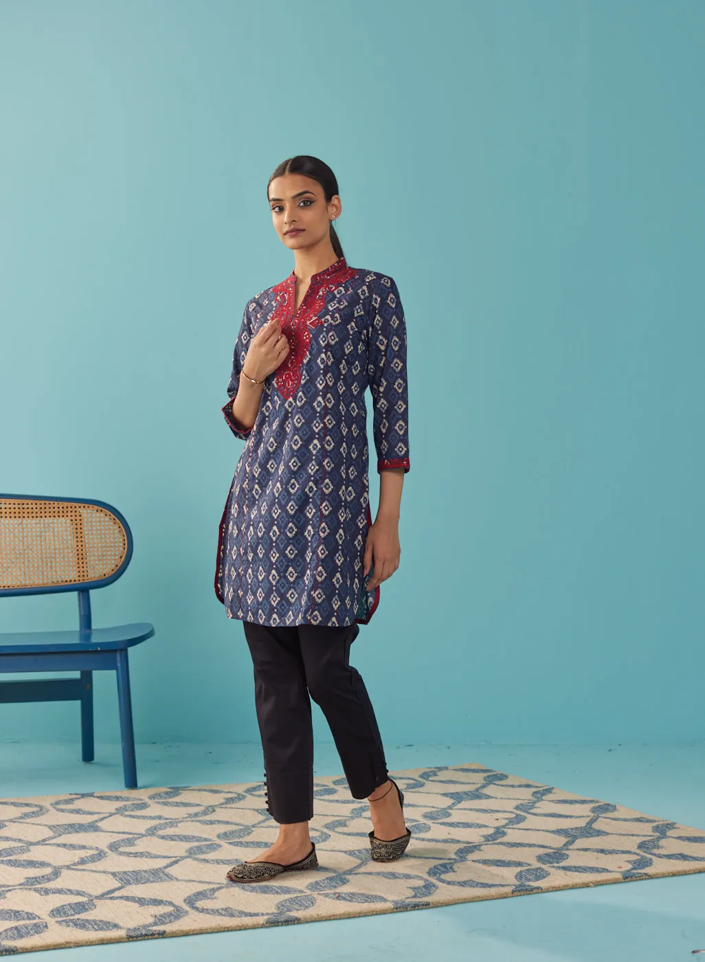 Navy Blue Embroidered Straight Kurta