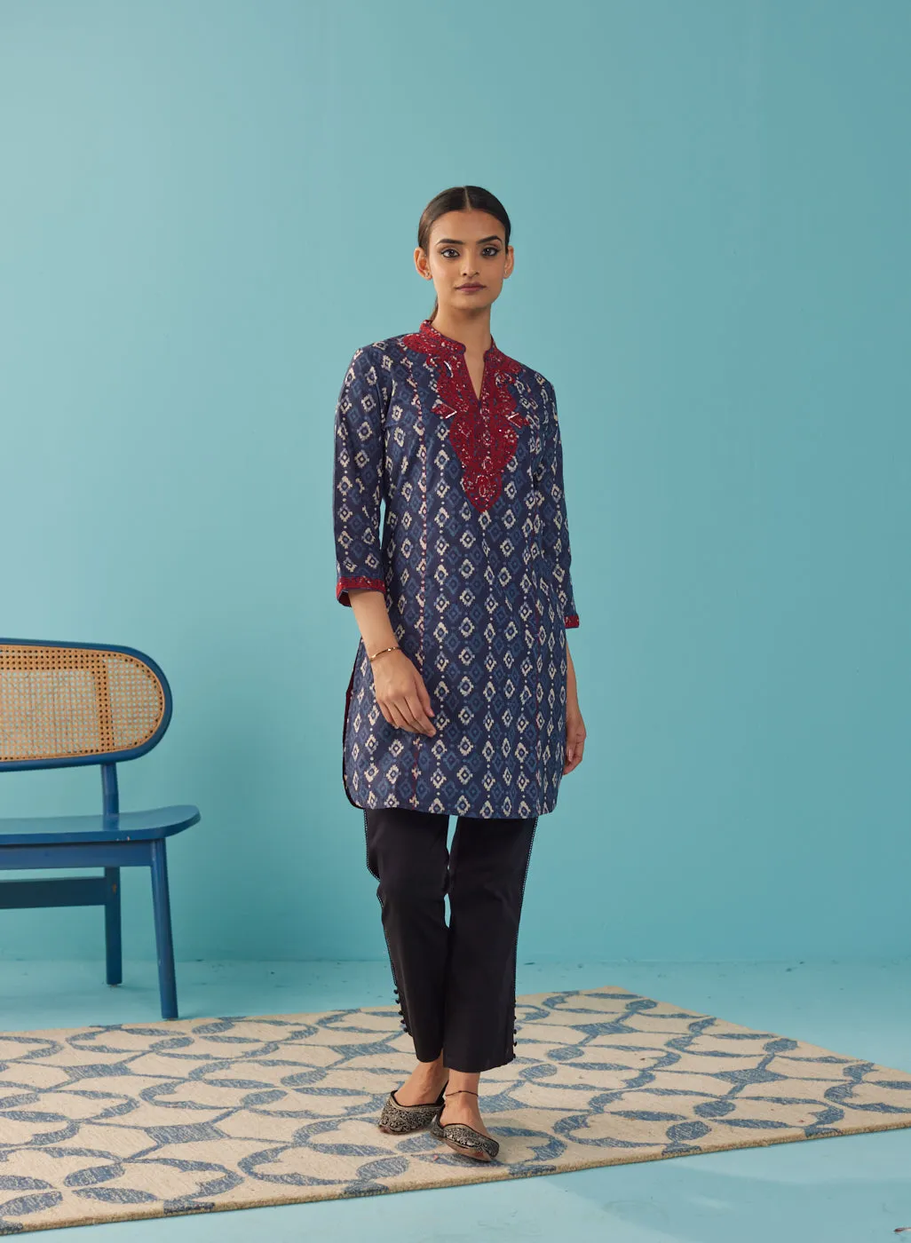 Navy Blue Embroidered Straight Kurta