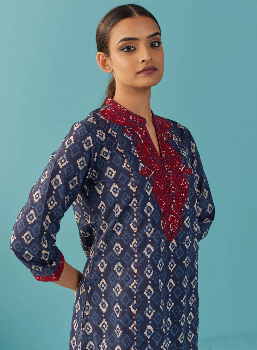 Navy Blue Embroidered Straight Kurta