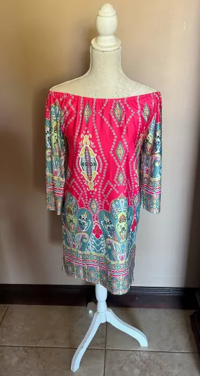 Off the shoulder dress with  sleeves - Cerise Pink and Teal Pattern