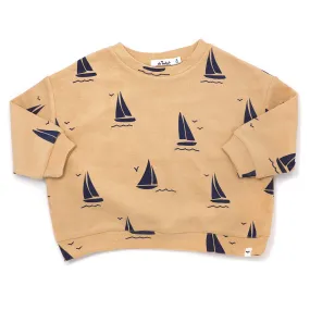 oh baby! Cotton Terry Slouch Boxy Sweatshirt - Sailboat Print - Oatmilk