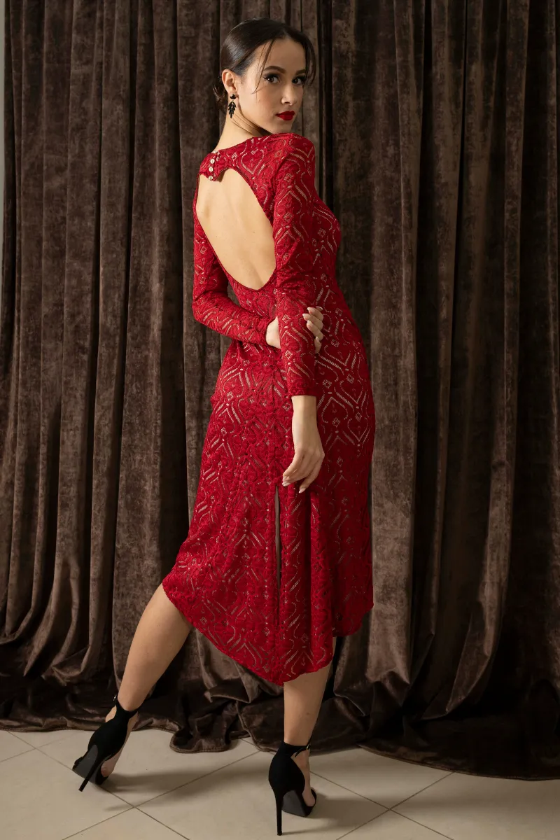 Red Heart Shape Lace Tango Dress With Slitted Tail & Heart Cutout Back