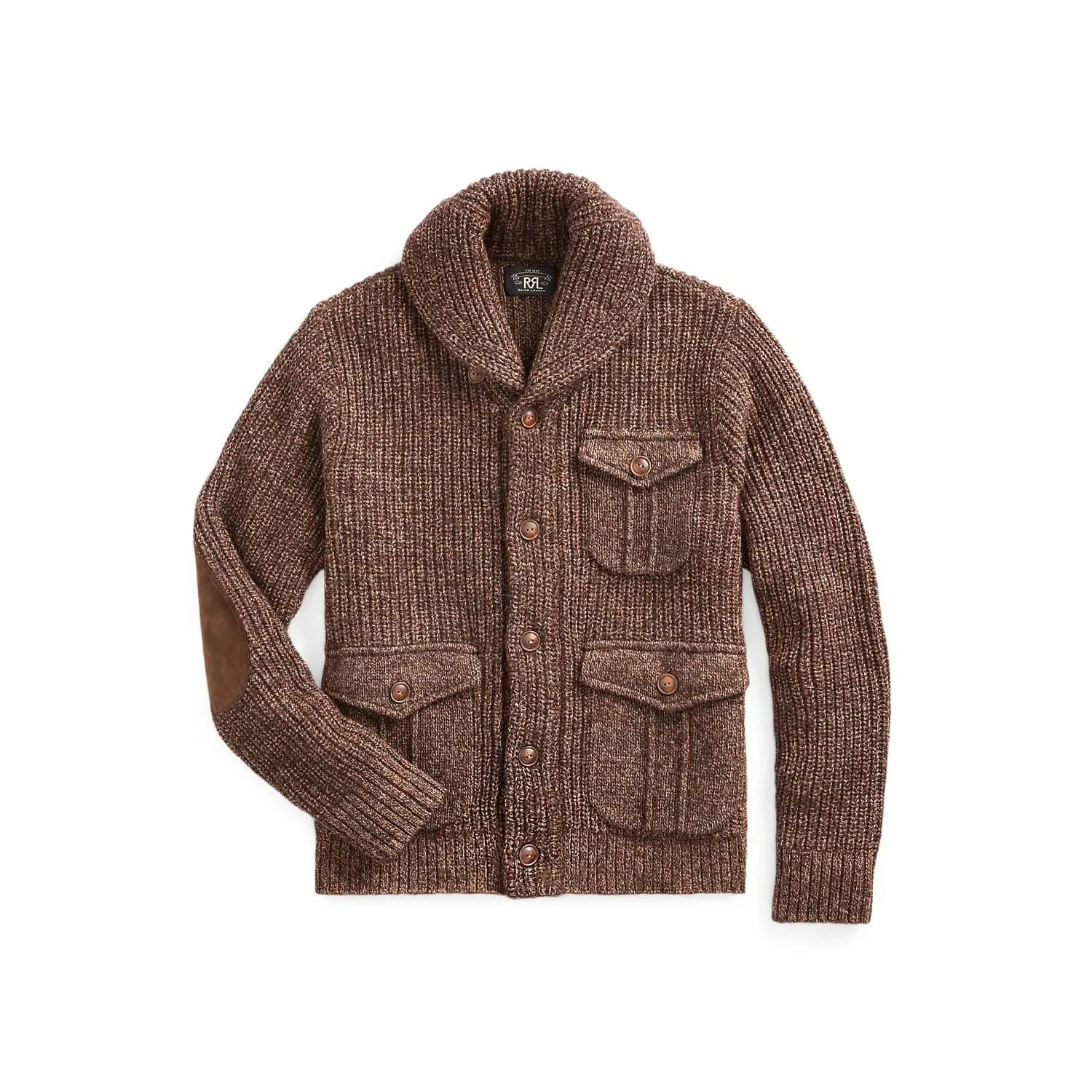 RRL Suede-Trim Marled Shawl Cardigan Brown/ Tan FINAL SALE