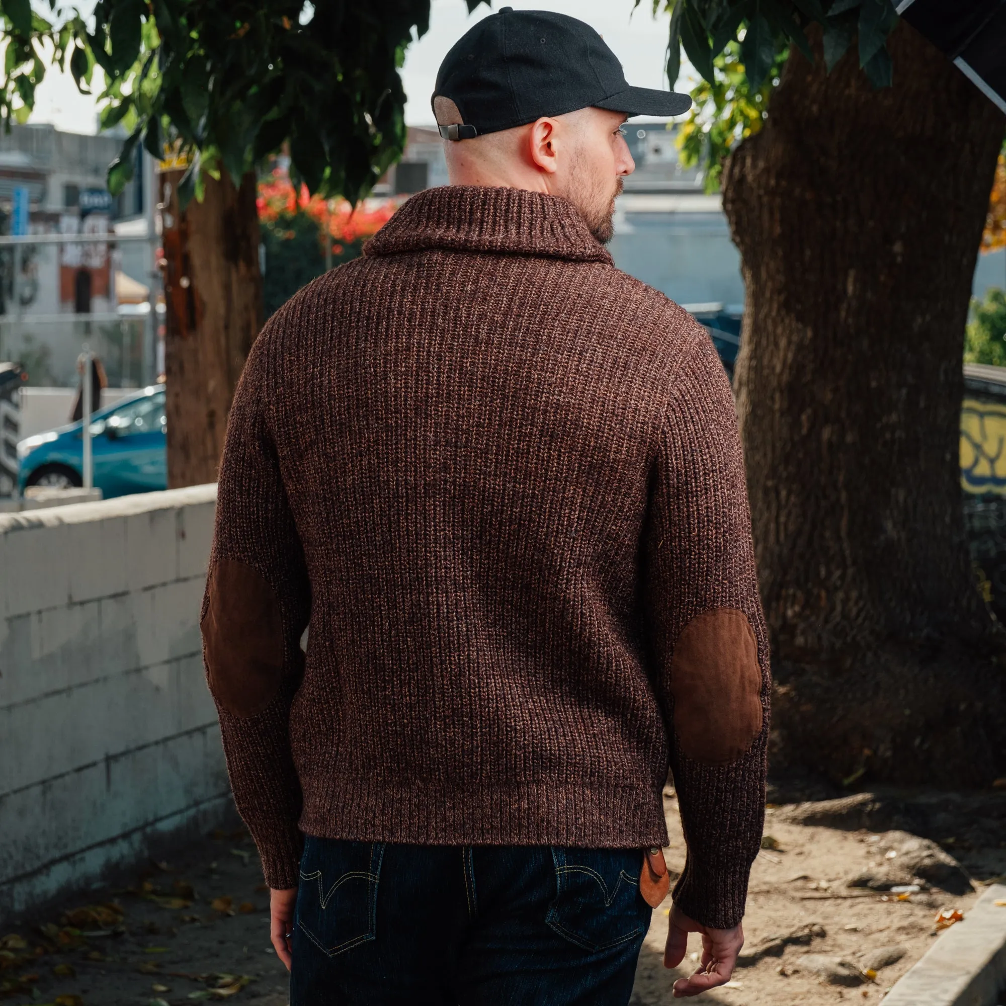 RRL Suede-Trim Marled Shawl Cardigan Brown/ Tan FINAL SALE