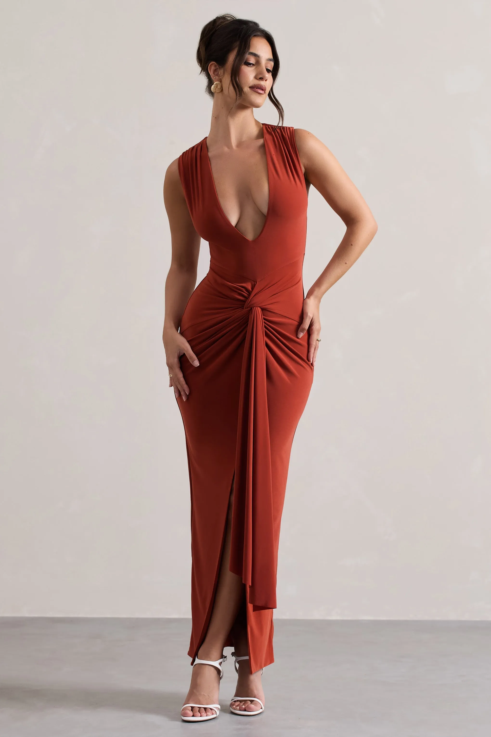 Santana | Terracotta Plunge-Neck Split Maxi Dress With Knot Detail