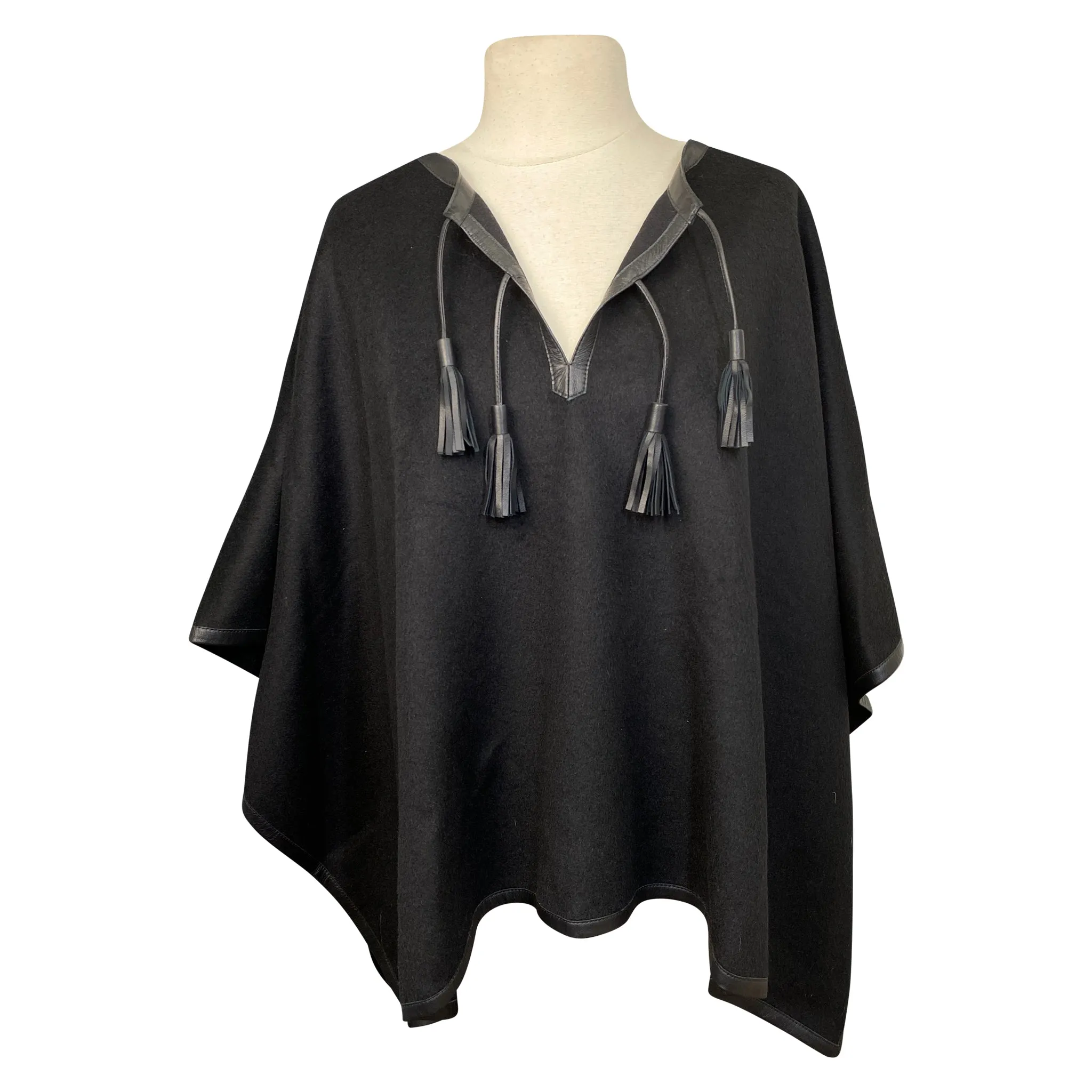 Stick & Ball Tassel Alpaca Poncho in Black - O/S