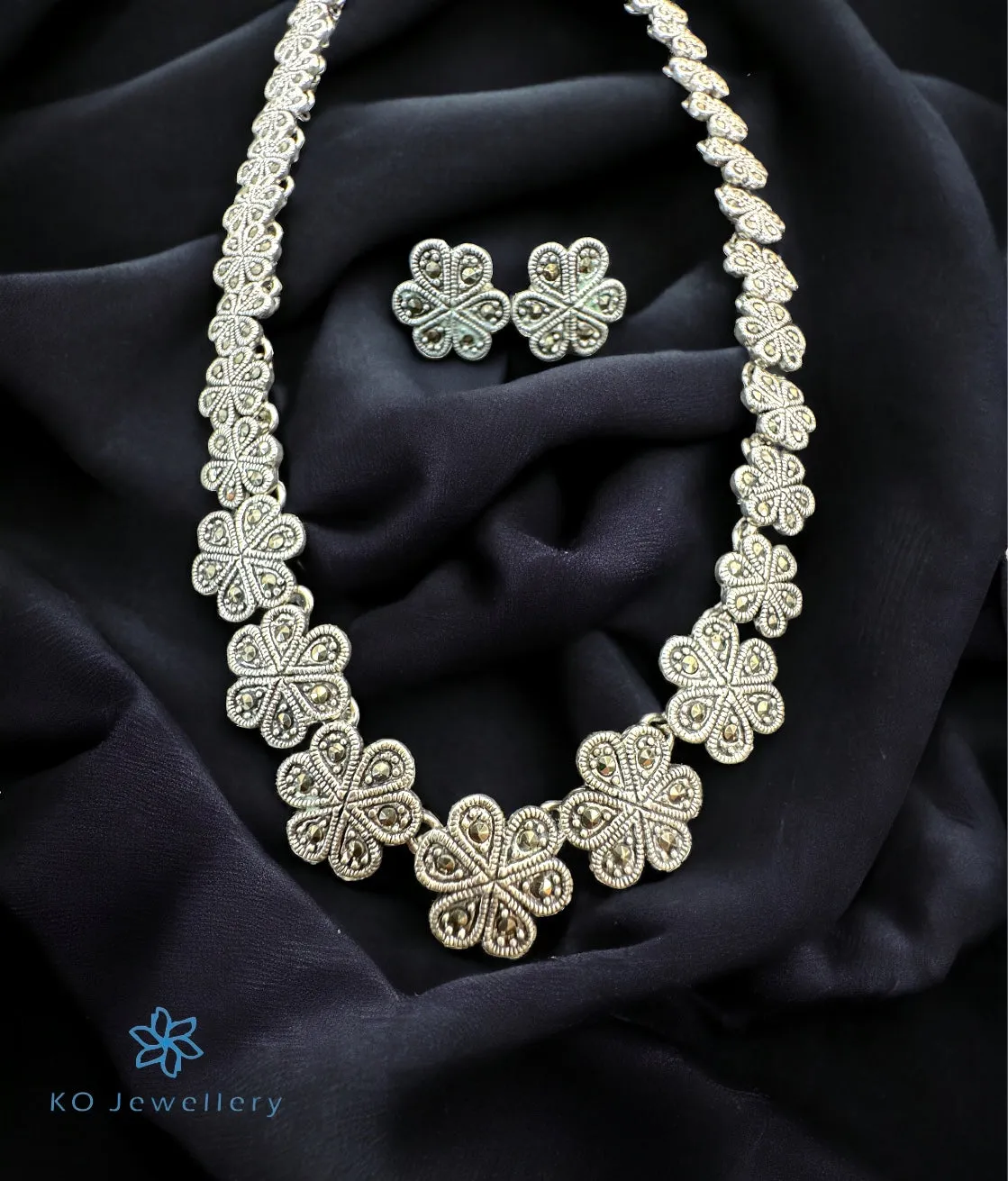 The Clora Floral Silver Marcasite Necklace & Earrings