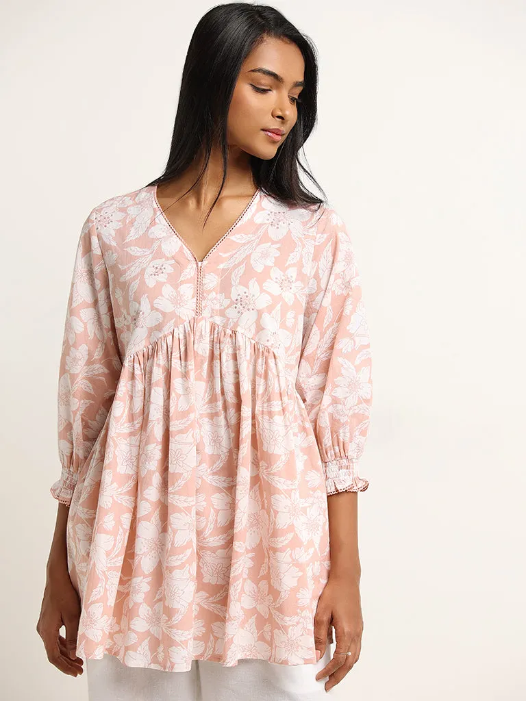 Utsa Peach Floral Print Cotton Kurti