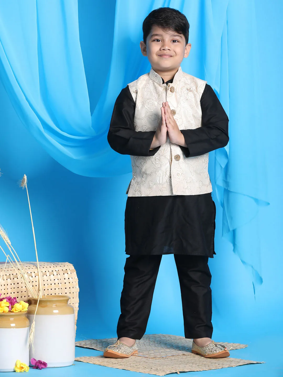 VASTRAMAY Boy's Beige Embroidered Nehru Jacket With Black Kurta Pyjama Set