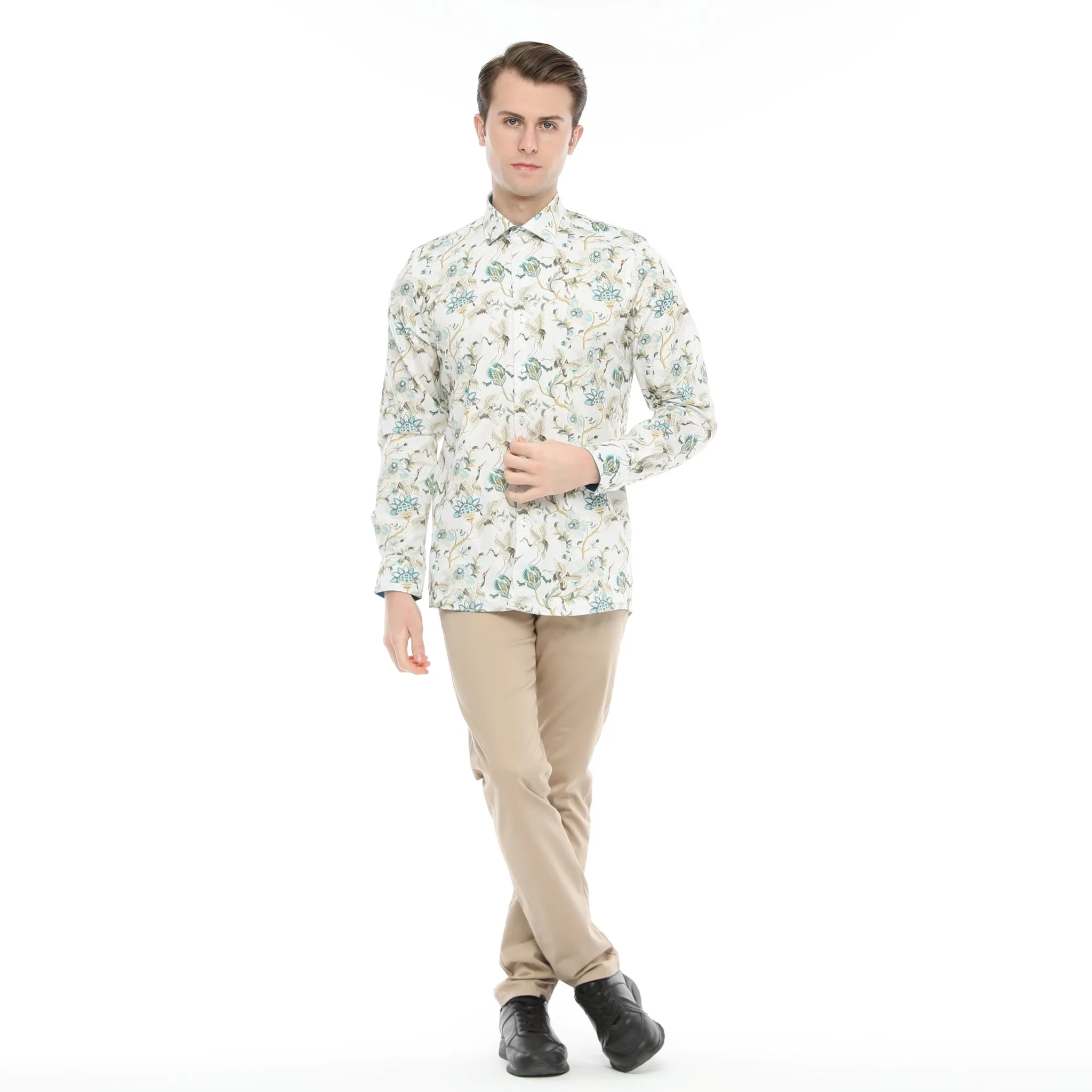 Xact Men's Crane Bird Print Long Sleeved Shirt, Regular Fit