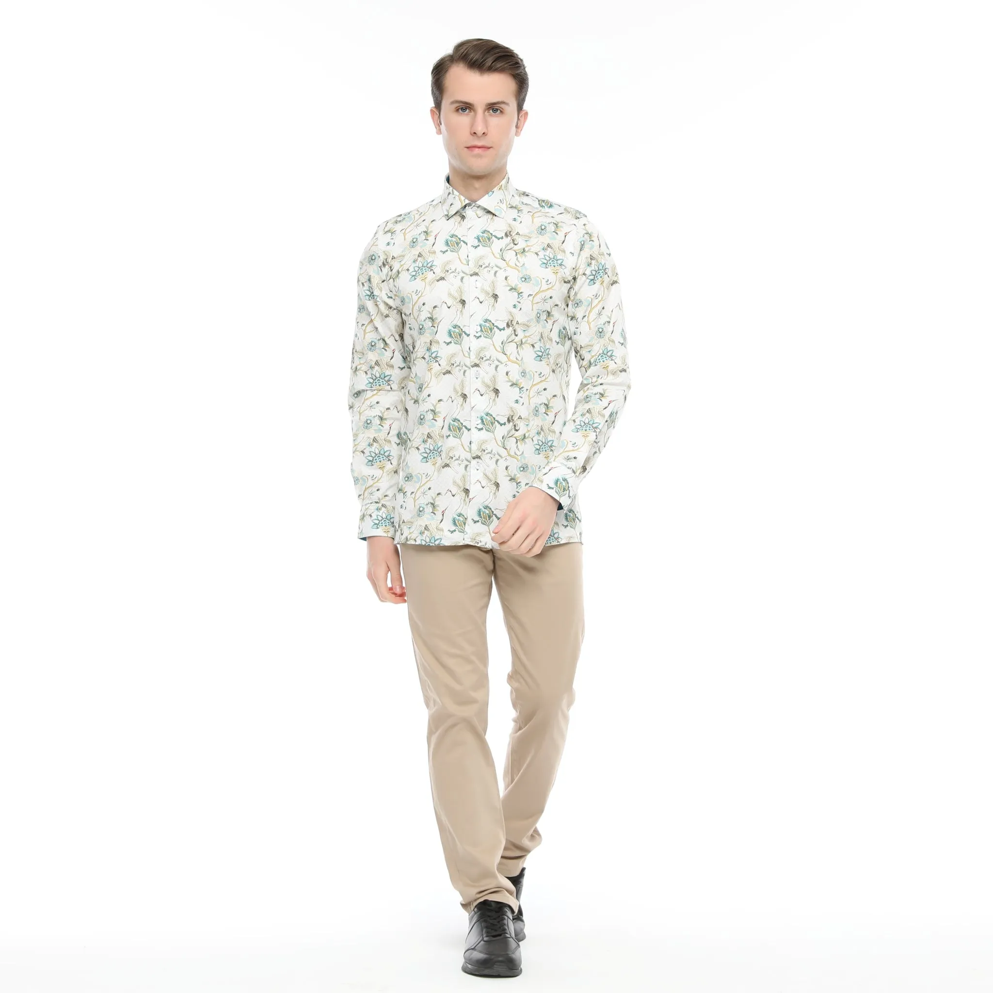 Xact Men's Crane Bird Print Long Sleeved Shirt, Regular Fit